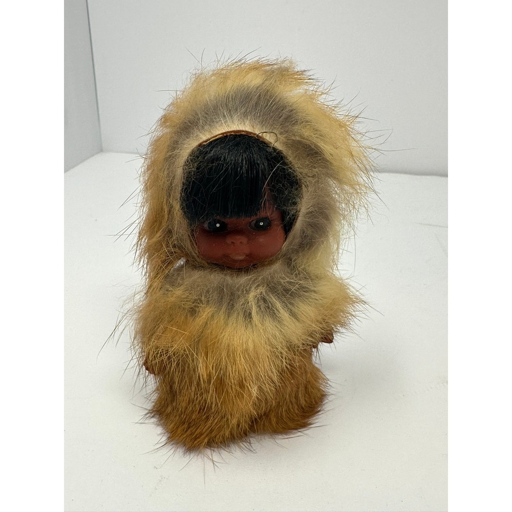 Vintage Inuit Eskimo Doll Real Fur Parka Vinyl Face 4 Inch Collectible Brown